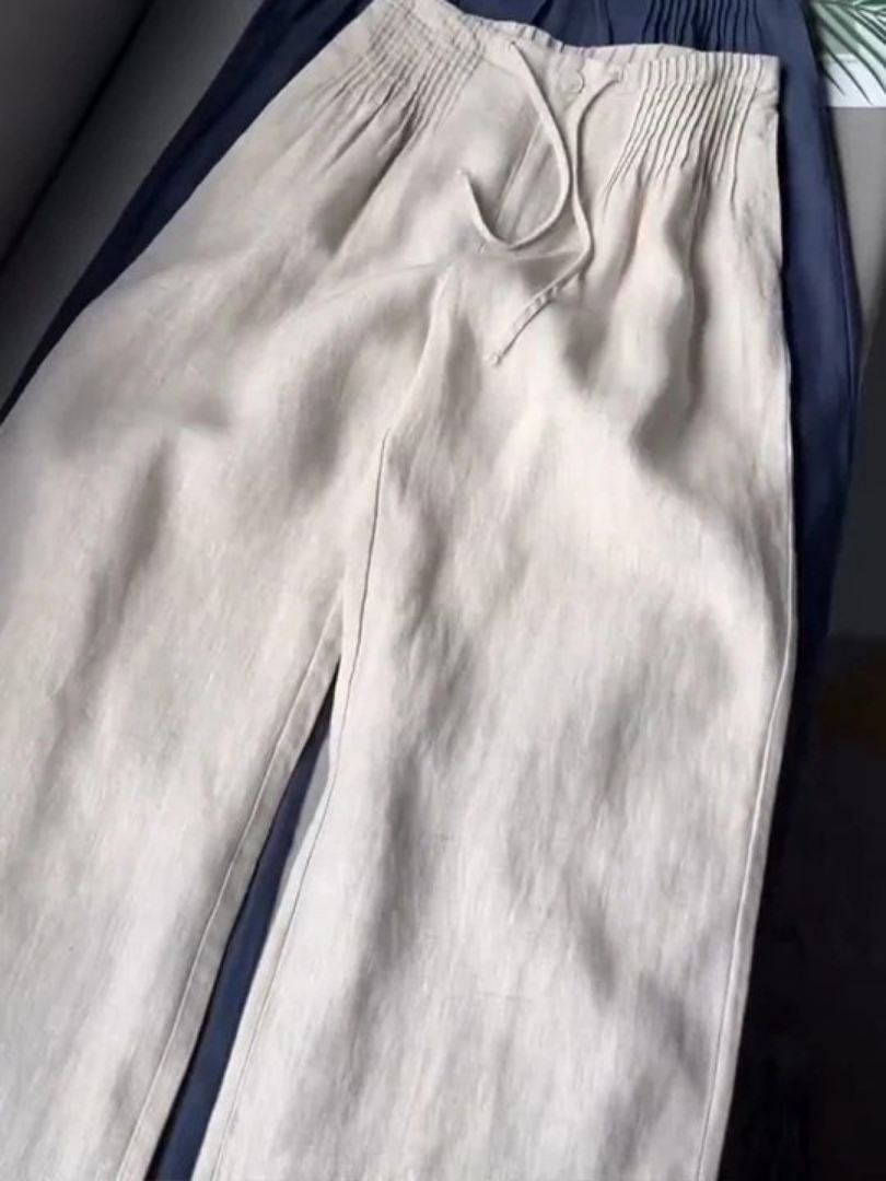 Pantalones de Lino Anchos para Mujeres con Cintura Alta, Cinturilla Ajustable y Estilo Casual Relajado