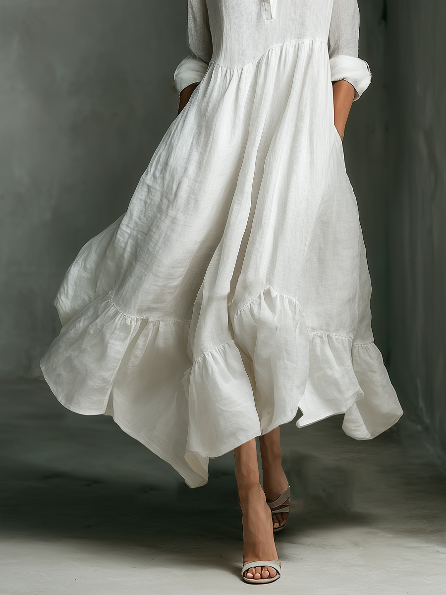 Vestido Maxi Blanco Sin Esfuerzo para Mujeres con Cuello Alto y Botones, Manga Larga, Estilo Casual de Lino con Volantes
