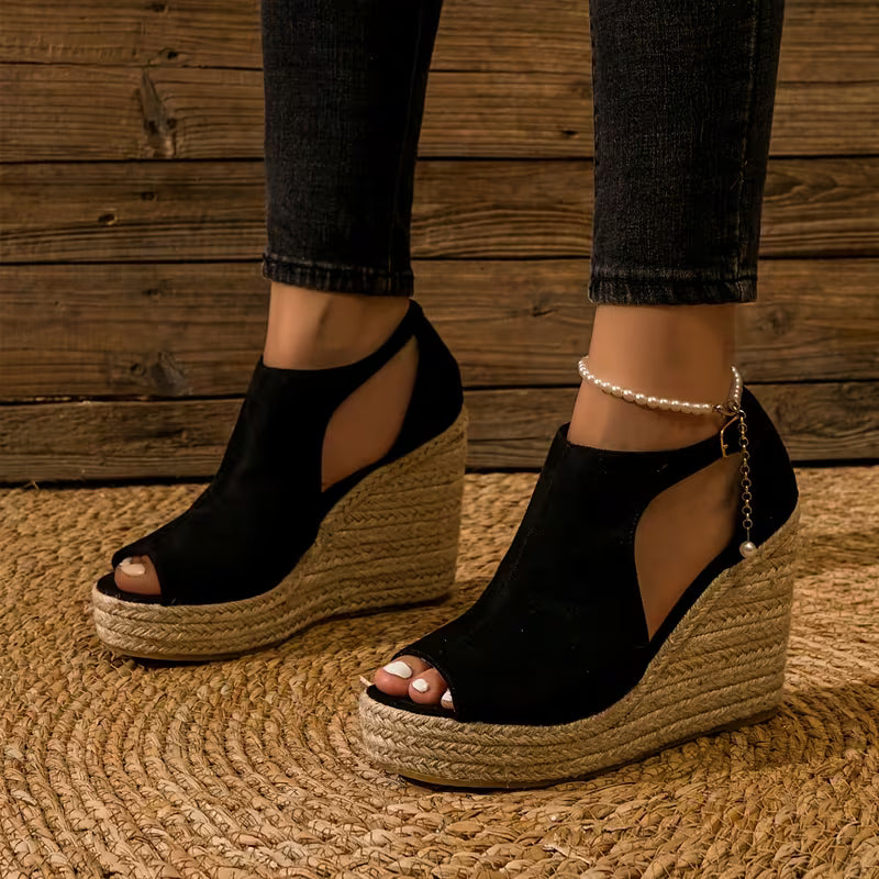 Elegantes Sandalias de Cuña de Espadrille para Mujeres con Punta Abierta y Plataforma con Correa al Tobillo