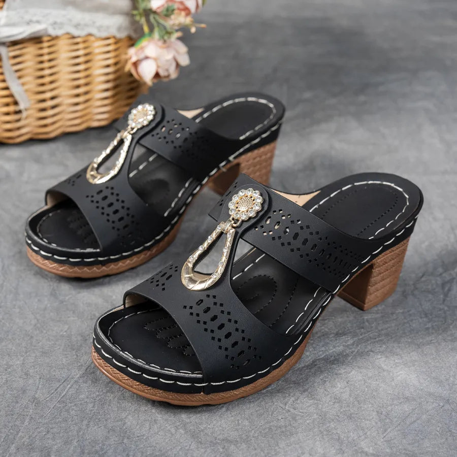 Mules cómodos con tacón para mujeres con detalle de anillo de metal, tacón bloque, estilo abierto y fácil de poner