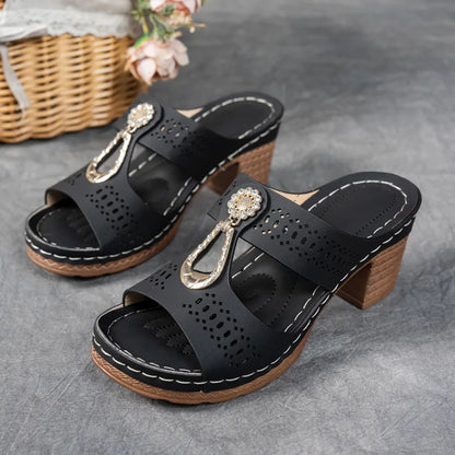 Mules cómodos con tacón para mujeres con detalle de anillo de metal, tacón bloque, estilo abierto y fácil de poner