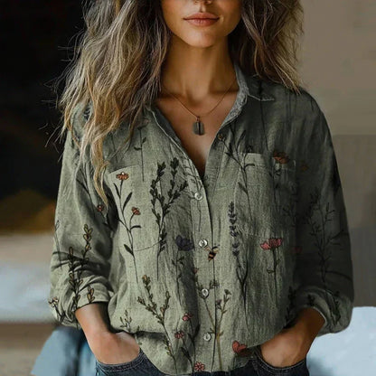 Blusa Impresa Sin Esfuerzo para Mujeres con Cuello, Manga Larga, Botones, Frente, Bolsillo, Estilo Boho