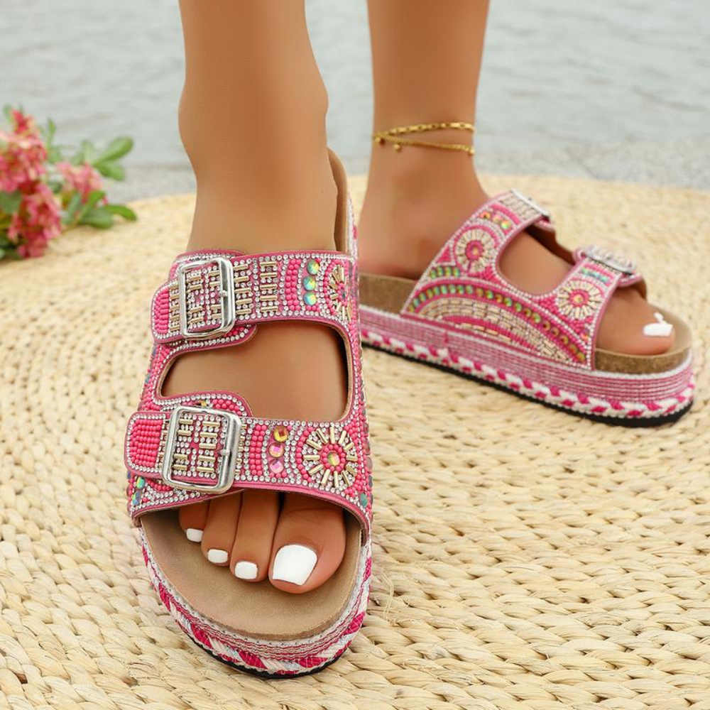 Sandalias de Deslizamiento Cómodas para Mujeres con Estilo de Plataforma Abierta y Correa Doble con Hebilla Impresa