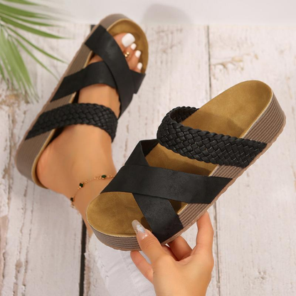 Sandalias Deslizantes Cómodas para Mujeres con Tira Trenzada Cruzada y Plantilla de Corcho, Estilo Abierto