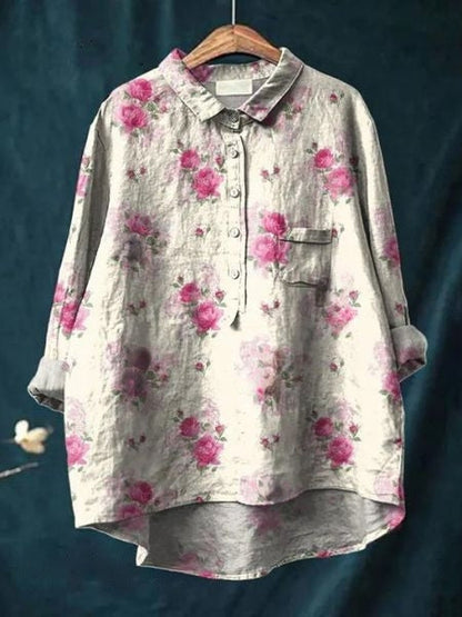 Blusa Floral Impresa Sin Esfuerzo para Mujeres con Cuello, Manga Larga, Botones en el Frente, Estilo Relajado