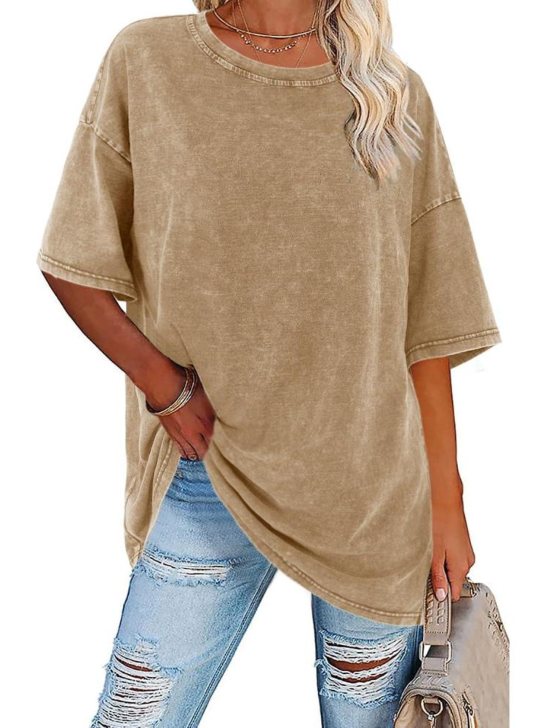 Túnica de Algodón Lavado Sin Esfuerzo para Mujeres con Cuello Redondo y Manga Corta, Estilo Oversized y Casual