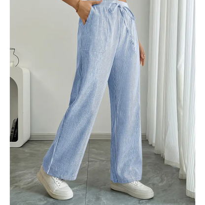 Pantalones Anchos a Rayas para Mujeres con Cintura Alta y Cuerda, Estilo Casual Relajado