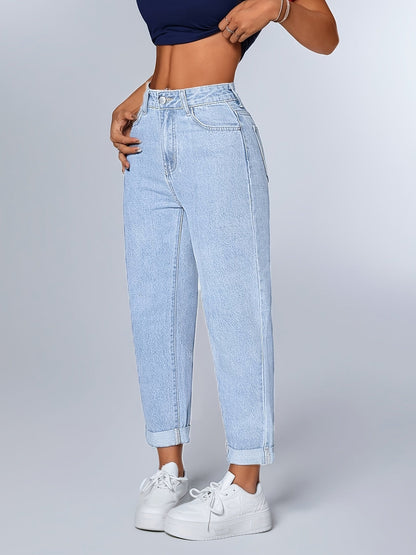 Jeans Mom Relajados en Azul Claro para Mujeres con Cintura Alta y Dobladillo Ajustado