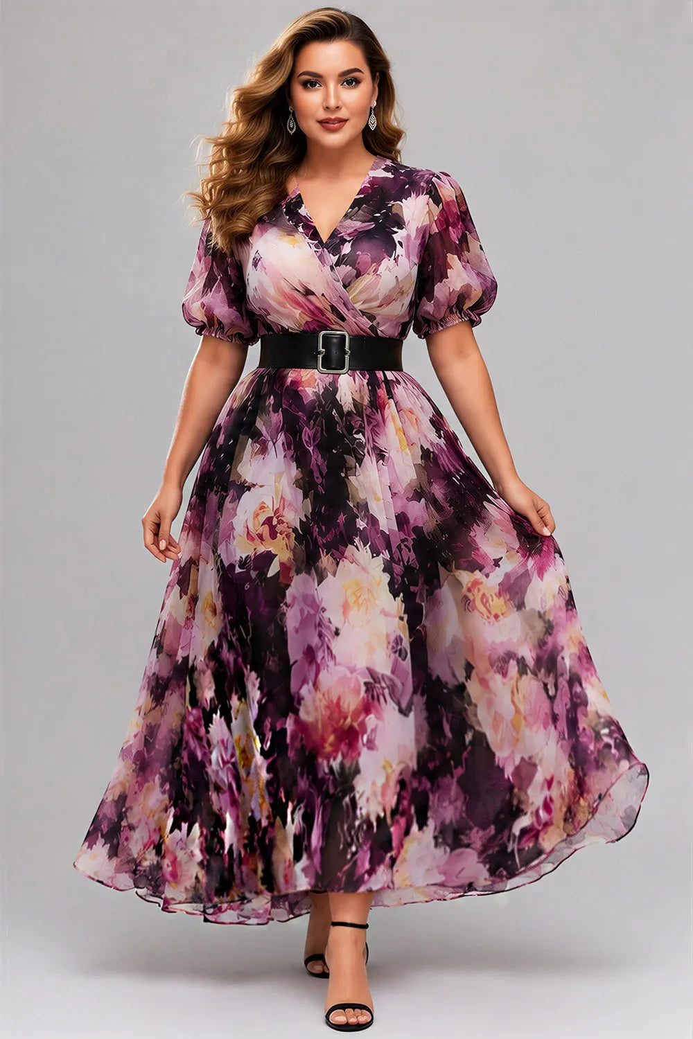 Elegante Vestido Maxi Floral Púrpura para Mujeres con Escote en V, Mangas Abullonadas y Cinturón para Invitadas de Boda