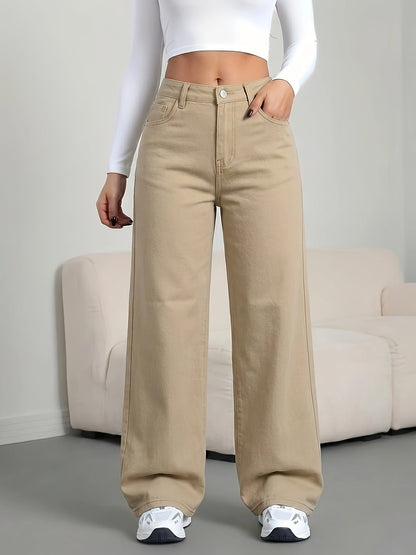 Jeans de Pierna Ancha Khaki Sin Esfuerzo para Mujeres con Cintura Alta y Estilo Casual Relajado
