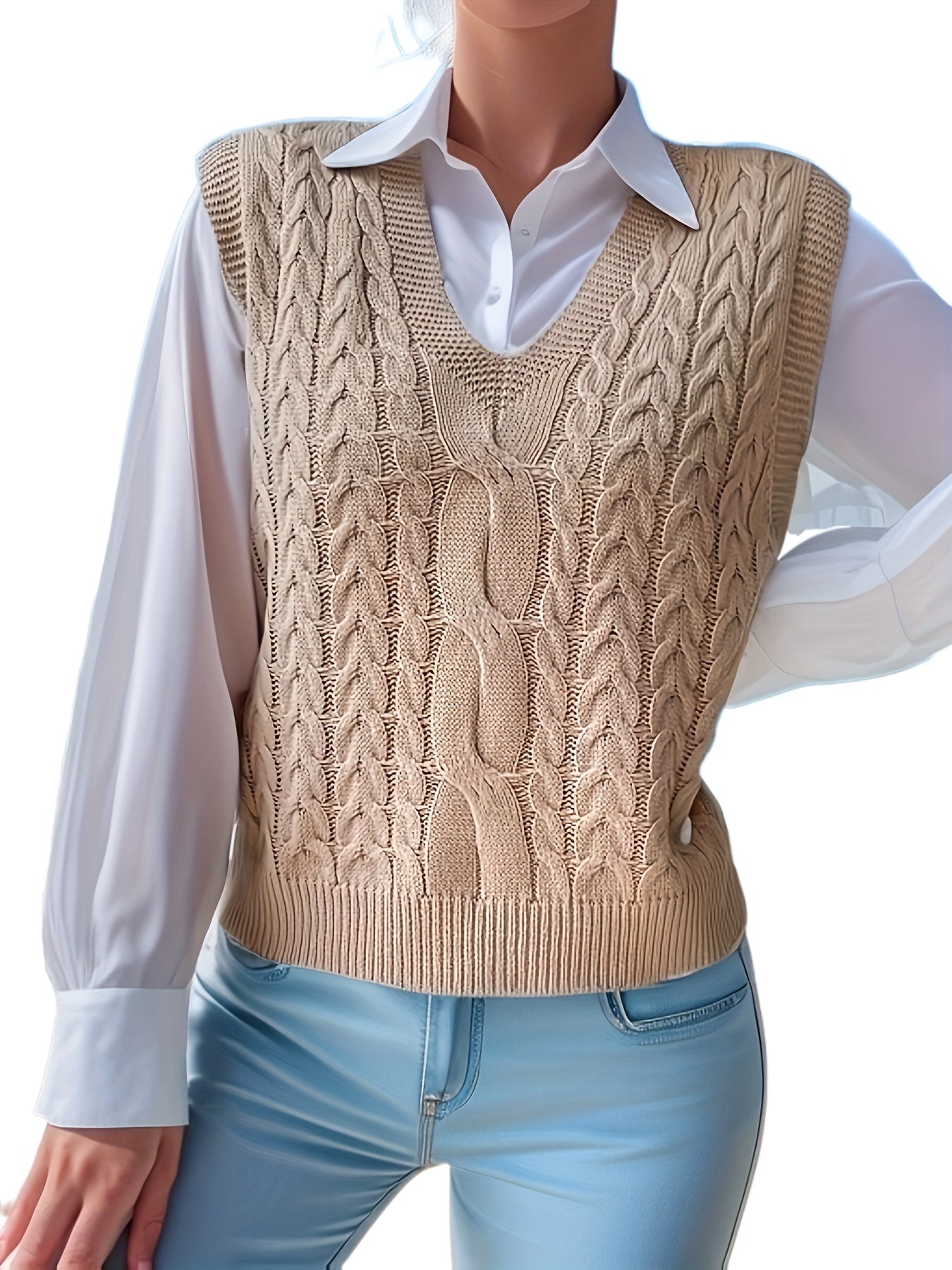 Chaleco de Punto Trenzado Cómodo para Mujeres con Escote en V, Sin Mangas, Estilo Relajado y Oversized