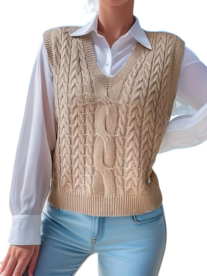 Chaleco de Punto Trenzado Cómodo para Mujeres con Escote en V, Sin Mangas, Estilo Relajado y Oversized