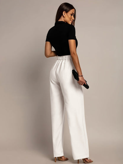 Pantalones de Pierna Ancha Sin Esfuerzo para Mujeres con Cintura Alta y Frente Plisado en Estilo Relajado y Ajustado