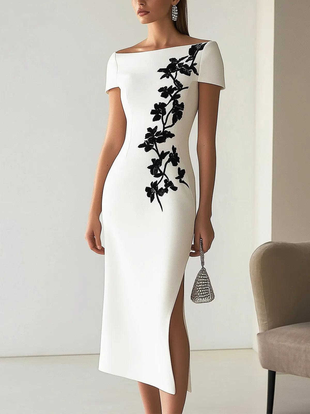Elegante Vestido Midi Floral Blanco para Mujeres con Escote Barco, Manga Corta, Cuerpo Ajustado y Estilo Formal