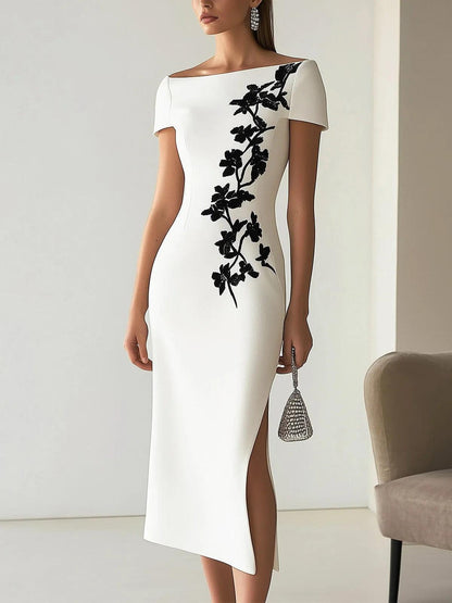 Elegante Vestido Midi Floral Blanco para Mujeres con Escote Barco, Manga Corta, Cuerpo Ajustado y Estilo Formal