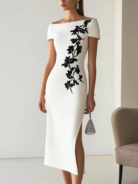 Elegante Vestido Midi Floral Blanco para Mujeres con Escote Barco, Manga Corta, Cuerpo Ajustado y Estilo Formal