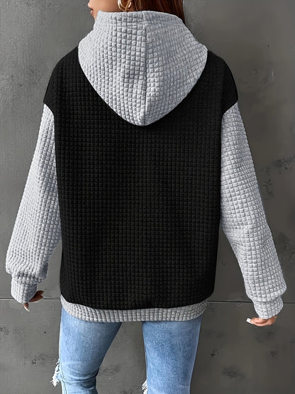 Sudadera de punto waffle color bloque cómoda para mujeres con capucha ajustable, manga larga y bolsillo canguro, estilo oversized