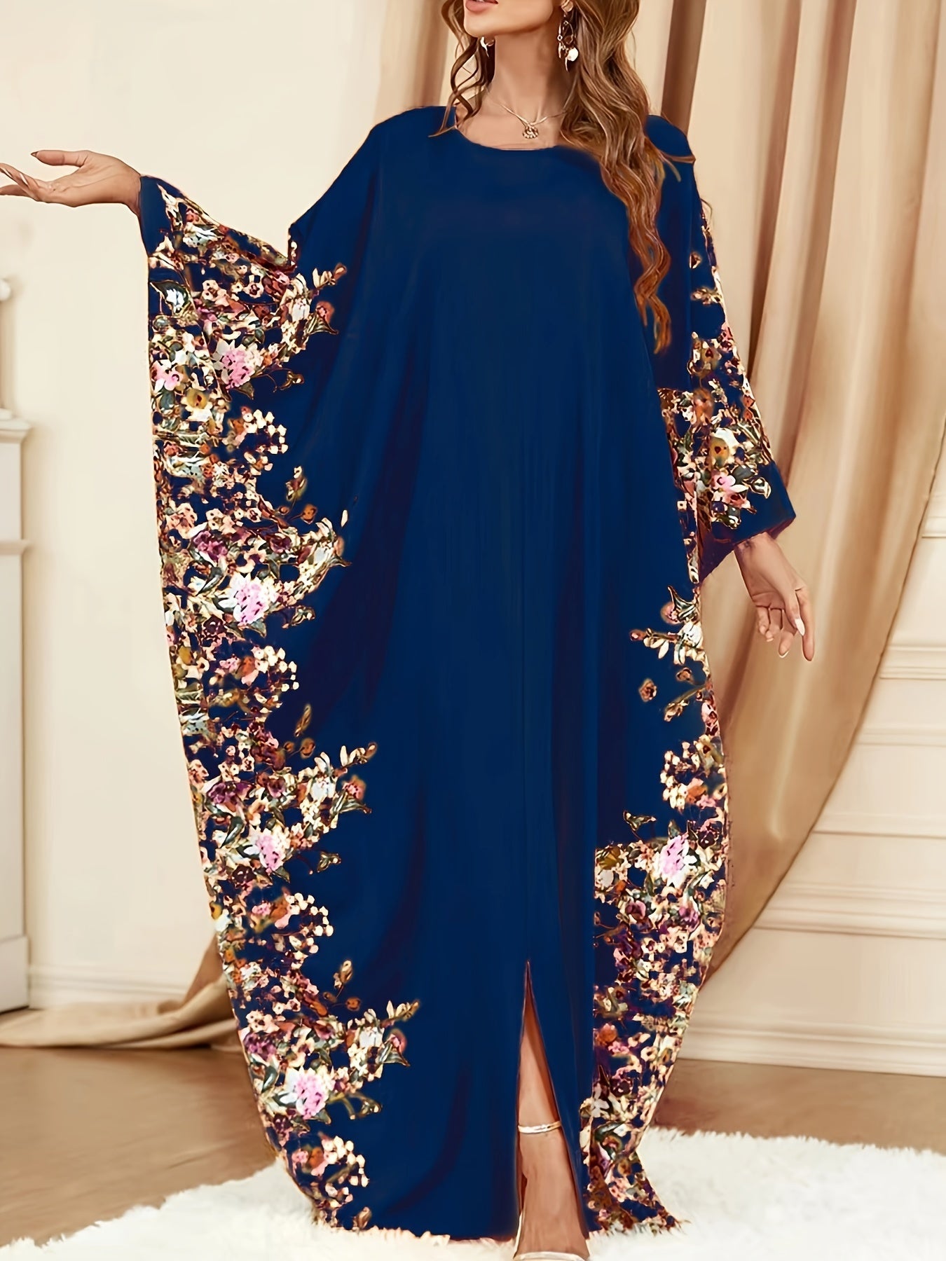 Elegante Vestido Maxi Kaftán Floral para Mujeres con Cuello Redondo y Mangas Murciélago
