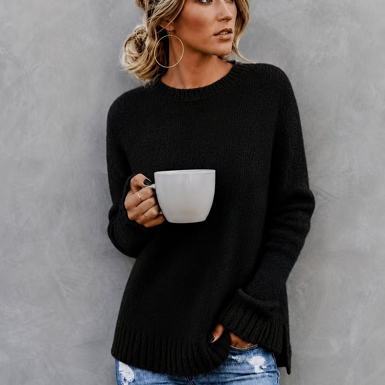 Suéter de Punto Melange Cómodo para Mujeres con Cuello Redondo, Mangas Largas y Puños de Campana, Estilo Oversized y Relajado