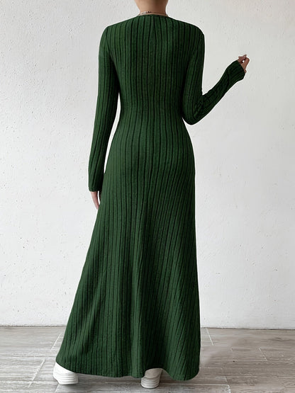 Elegante Vestido Largo de Punto Acanalado para Mujeres con Escote en V y Manga Larga Ajustado y Fluido