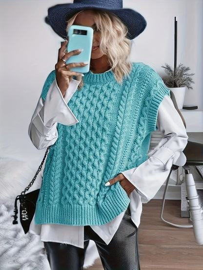 Chaleco de Punto Trenzado Cómodo para Mujeres con Cuello Redondo Sin Mangas Estilo Oversized