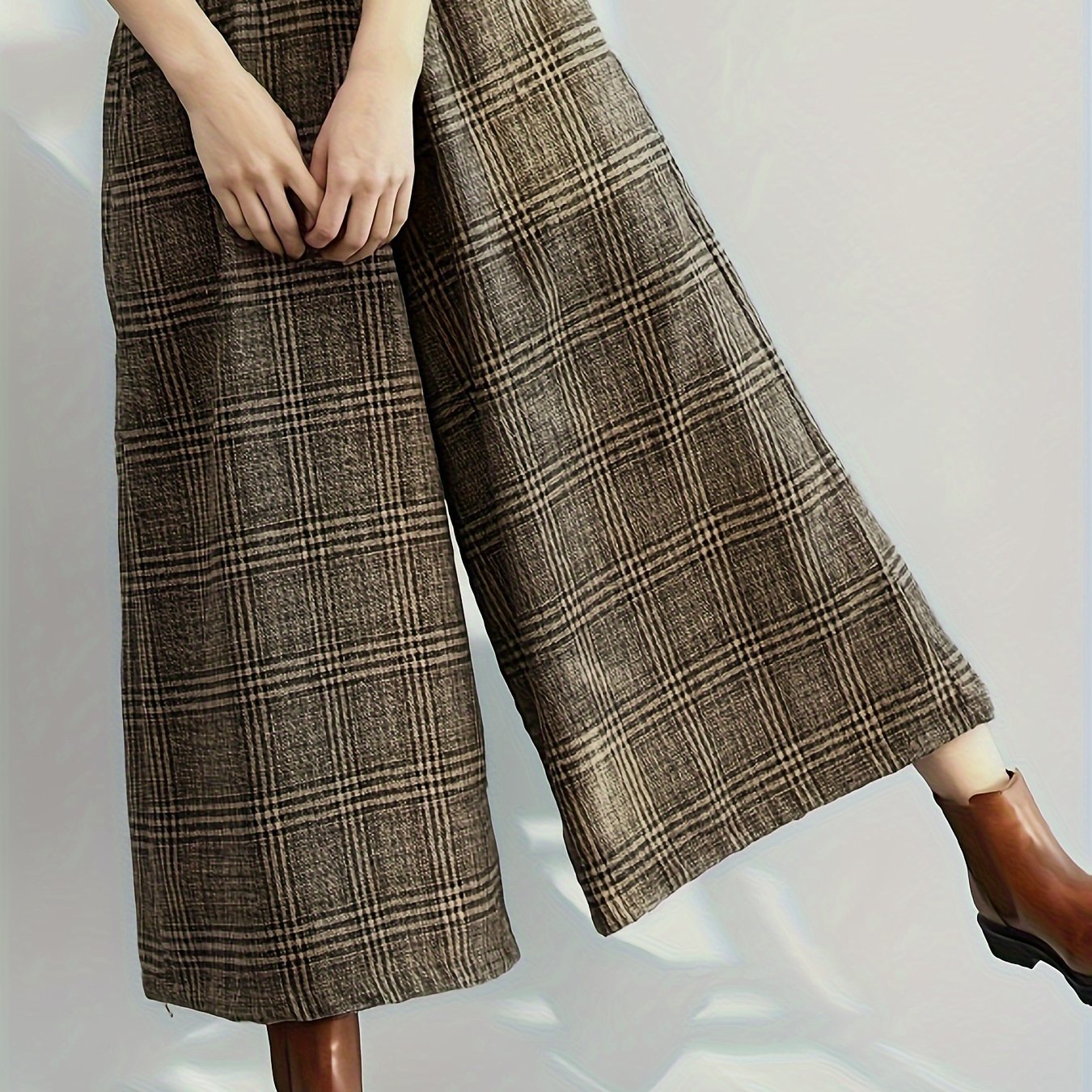 Pantalones Culotte de Cuadros Amplios para Mujer con Cintura Alta Elástica, Estilo Casual Relajado
