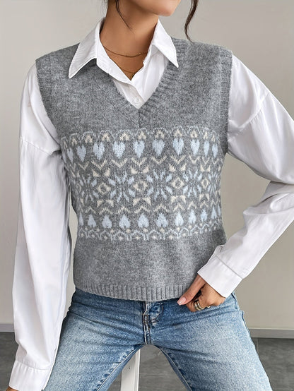Chaleco de Suéter Elegante en Gris con Patrón Fair Isle para Mujeres con Escote en V, Sin Mangas, Corto y de Estilo Oversized