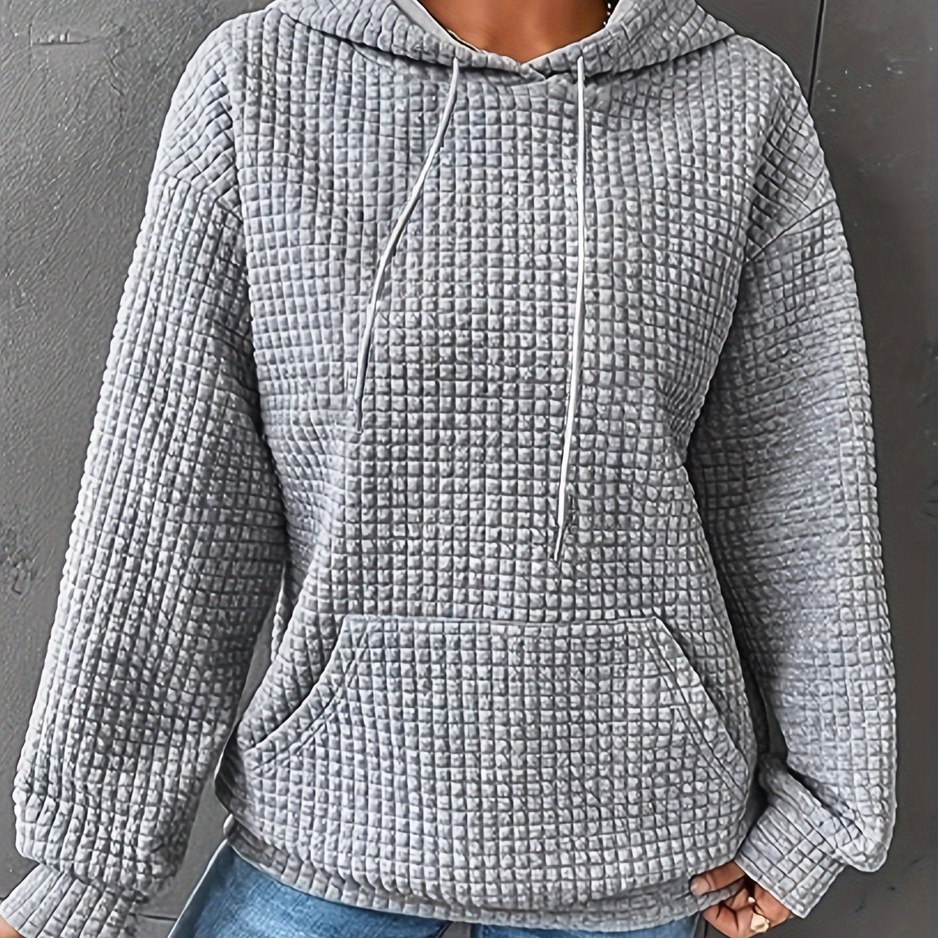 Sudadera de punto waffle color bloque cómoda para mujeres con capucha ajustable, manga larga y bolsillo canguro, estilo oversized