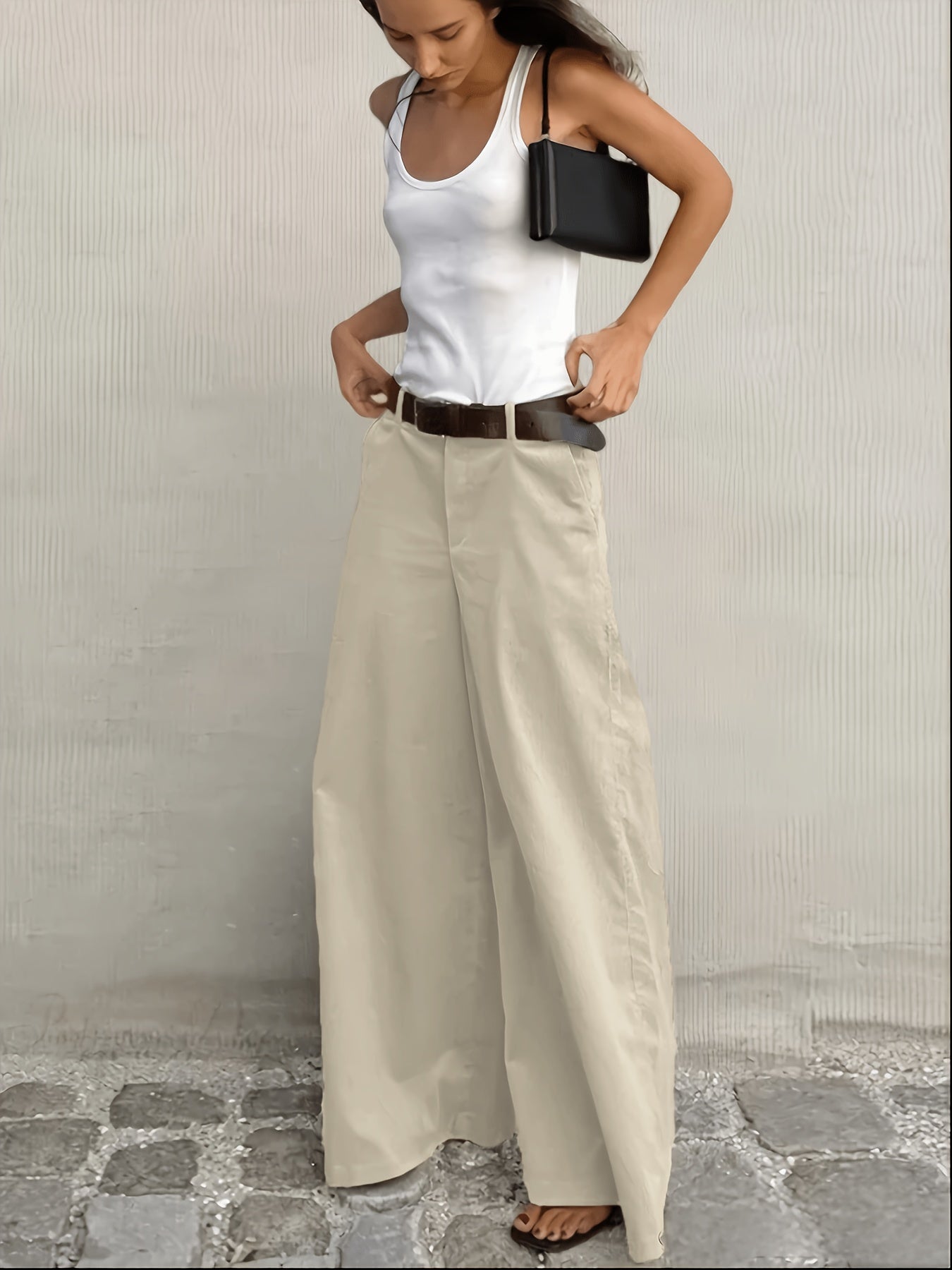 Pantalones Anchos Sin Esfuerzo para Mujeres con Cintura Alta, Botón Frontal, Estilo Casual Relajado