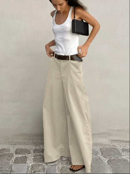 Pantalones Anchos Sin Esfuerzo para Mujeres con Cintura Alta, Botón Frontal, Estilo Casual Relajado