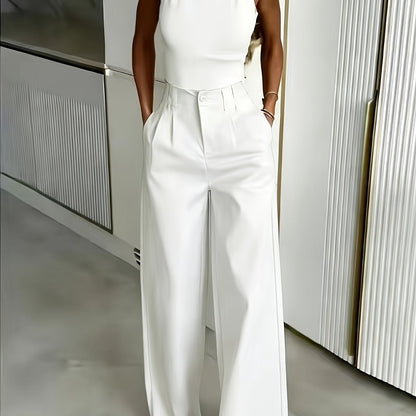 Pantalones Elegantes de Pierna Ancha para Mujeres con Cintura Alta, Frente de Botones y Estilo Plisado