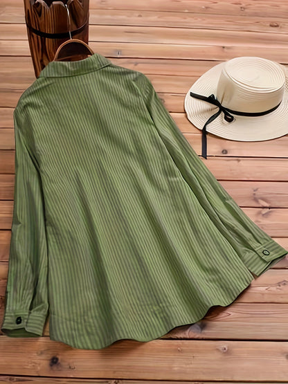 Blusa Rayada Sin Esfuerzo para Mujeres con Cuello, Manga Larga, Botones Lateral, Estilo Relajado