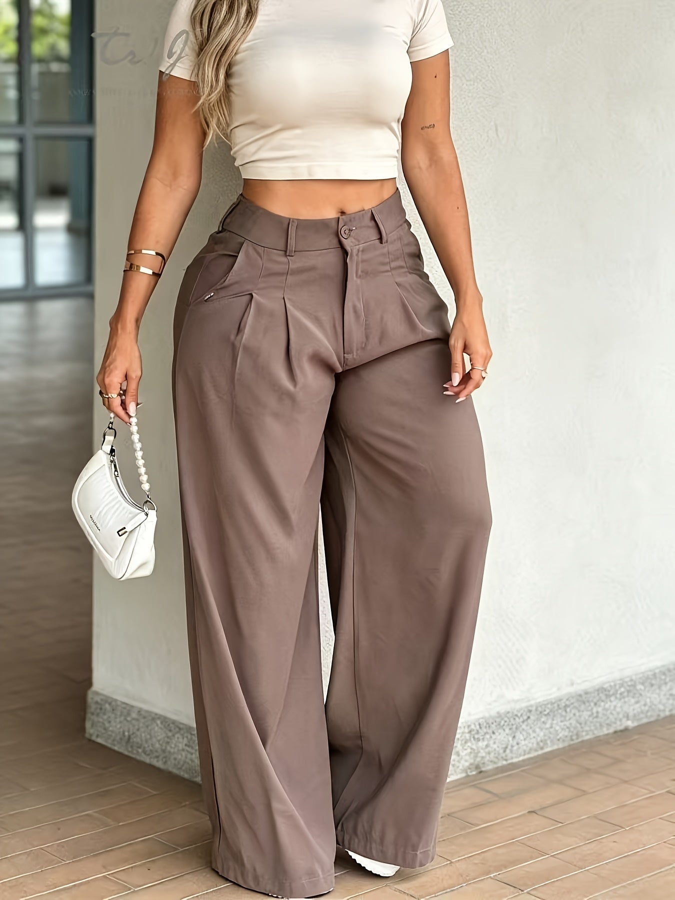 Pantalones de Pierna Ancha Sin Esfuerzo para Mujeres con Cintura Alta y Frente Plisado Estilo Casual Relajado