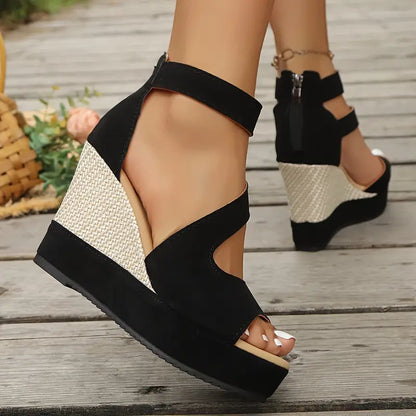 Sandalias de cuña de esparto negras cómodas para mujeres con correa de tobillo ajustable y punta abierta