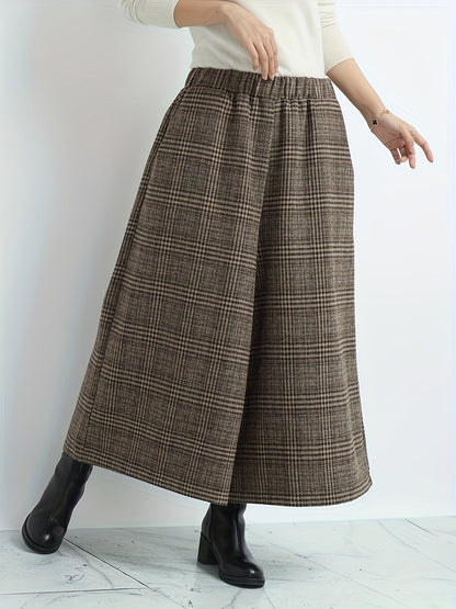 Pantalones Culotte de Cuadros Amplios para Mujer con Cintura Alta Elástica, Estilo Casual Relajado