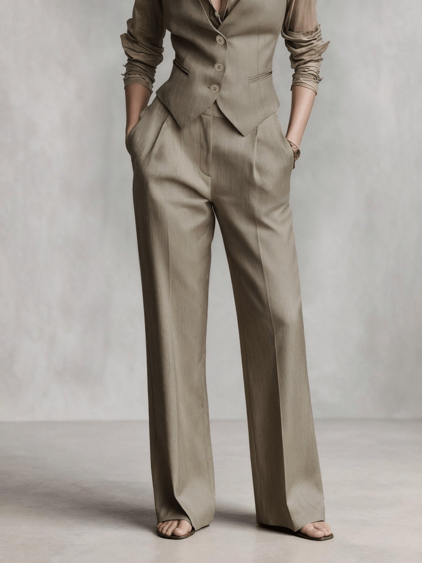 Conjunto de Dos Piezas Elegante en Color Marrón Café para Mujeres con Chaleco de Botones y Pantalón de Pierna Ancha Estilo Formal