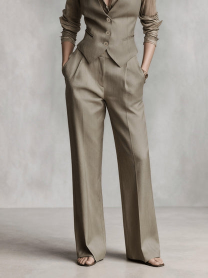 Conjunto de Dos Piezas Elegante en Color Marrón Café para Mujeres con Chaleco de Botones y Pantalón de Pierna Ancha Estilo Formal