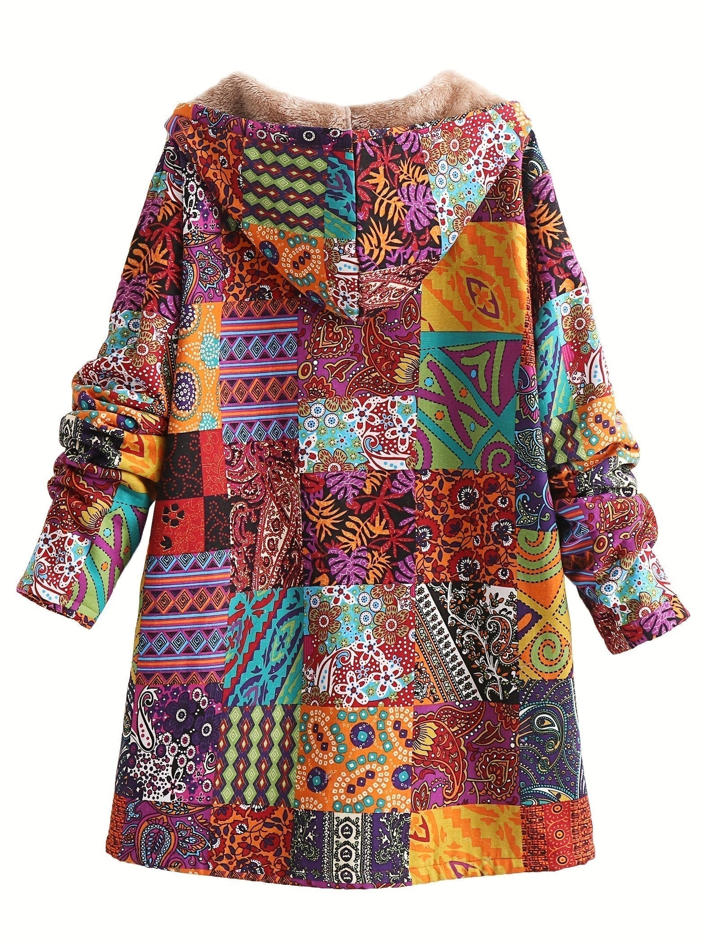 Abrigo de forro polar con estampado de patchwork sin esfuerzo para mujeres, con capucha, manga larga, frente abotonado y estilo bohemio oversized