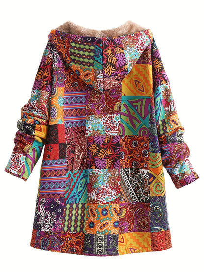 Abrigo de forro polar con estampado de patchwork sin esfuerzo para mujeres, con capucha, manga larga, frente abotonado y estilo bohemio oversized