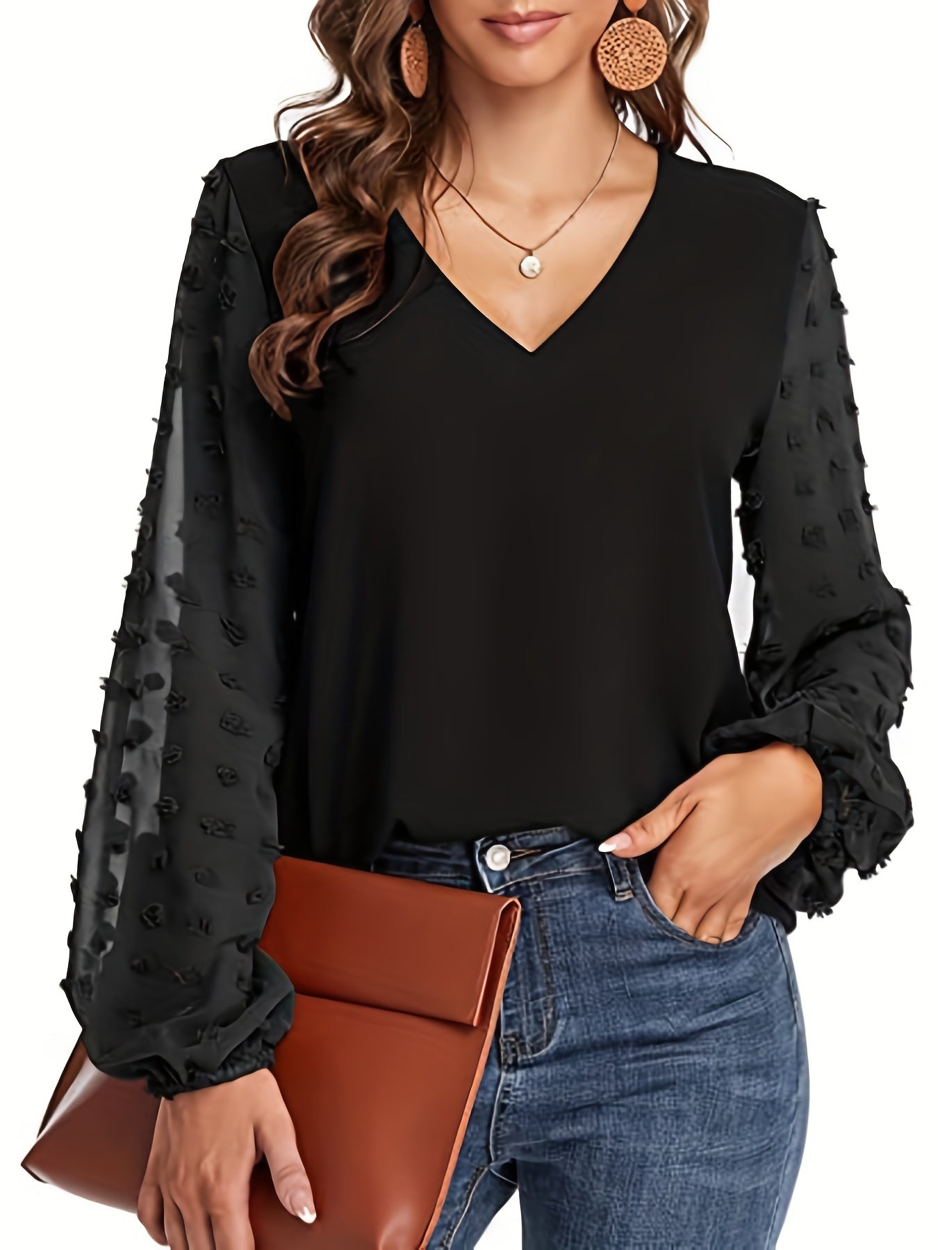 Blusa de Puntos Suizos sin Esfuerzo para Mujeres con Cuello en V y Manga Obispo de Chifón Texturizado Estilo Casual
