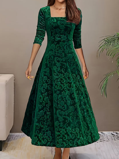 Vestido Maxi Floral de Terciopelo Elegante para Mujeres con Cuello Cuadrado y Manga de Codo Estilo A Fluyente