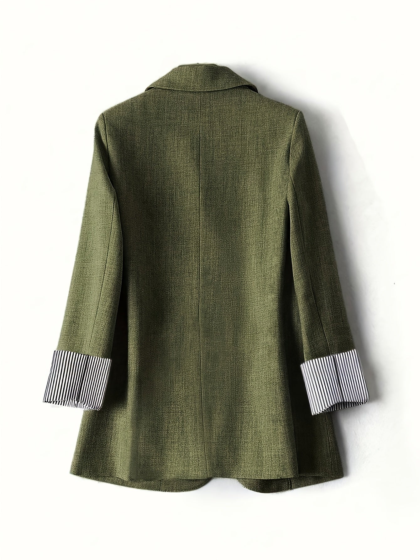 Blazer Texturizado Verde Helecho Elegante para Mujeres con Solapa de Muesca, Manga Larga y Puño Rayado Estilo Casual