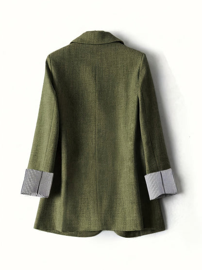Blazer Texturizado Verde Helecho Elegante para Mujeres con Solapa de Muesca, Manga Larga y Puño Rayado Estilo Casual