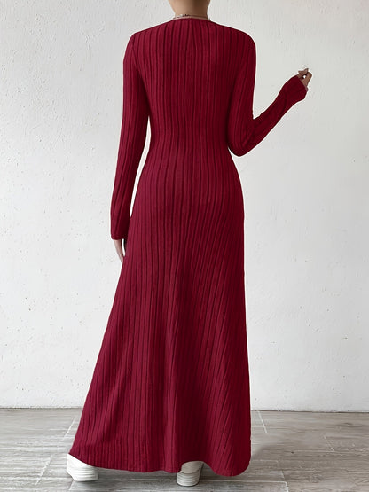 Elegante Vestido Largo de Punto Acanalado para Mujeres con Escote en V y Manga Larga Ajustado y Fluido