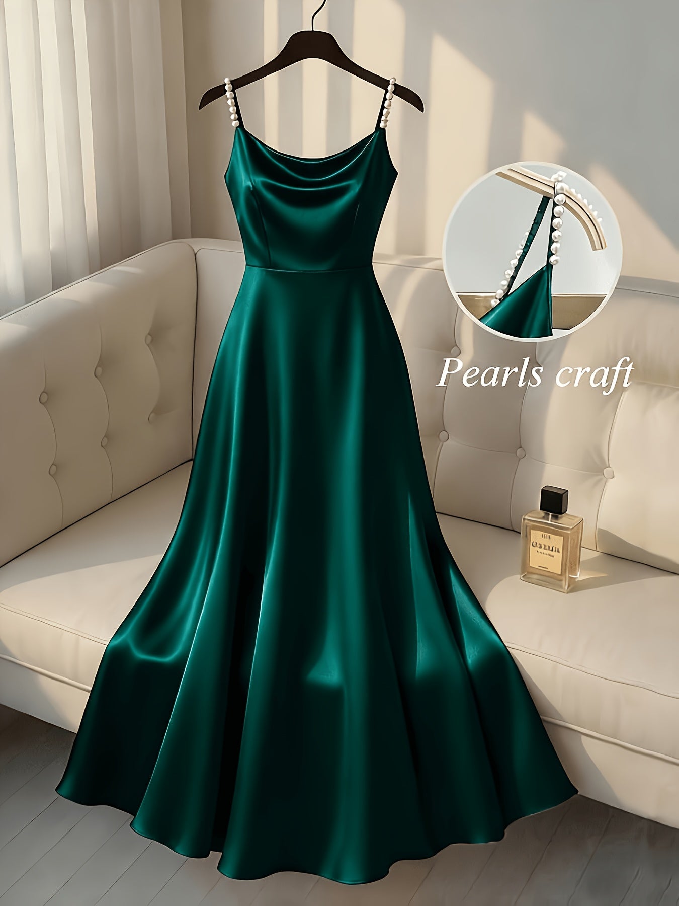 Elegante Vestido Maxi de Satén para Mujeres con Cuello Cowl y Tirantes de Perlas para Estilo Formal de Invitada de Boda