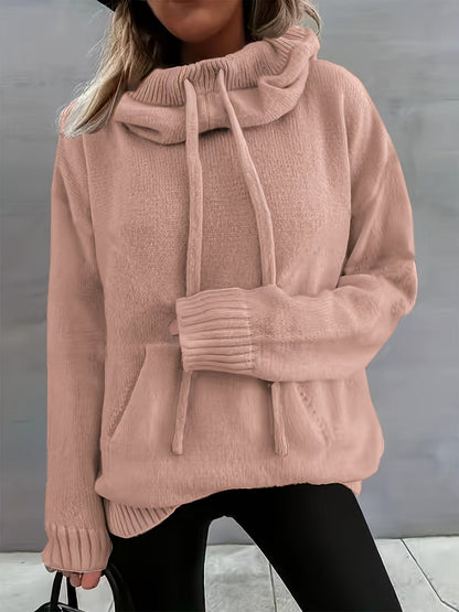 Suéter de punto cómodo para mujeres con cuello de capa, manga larga, cordón y estilo oversized
