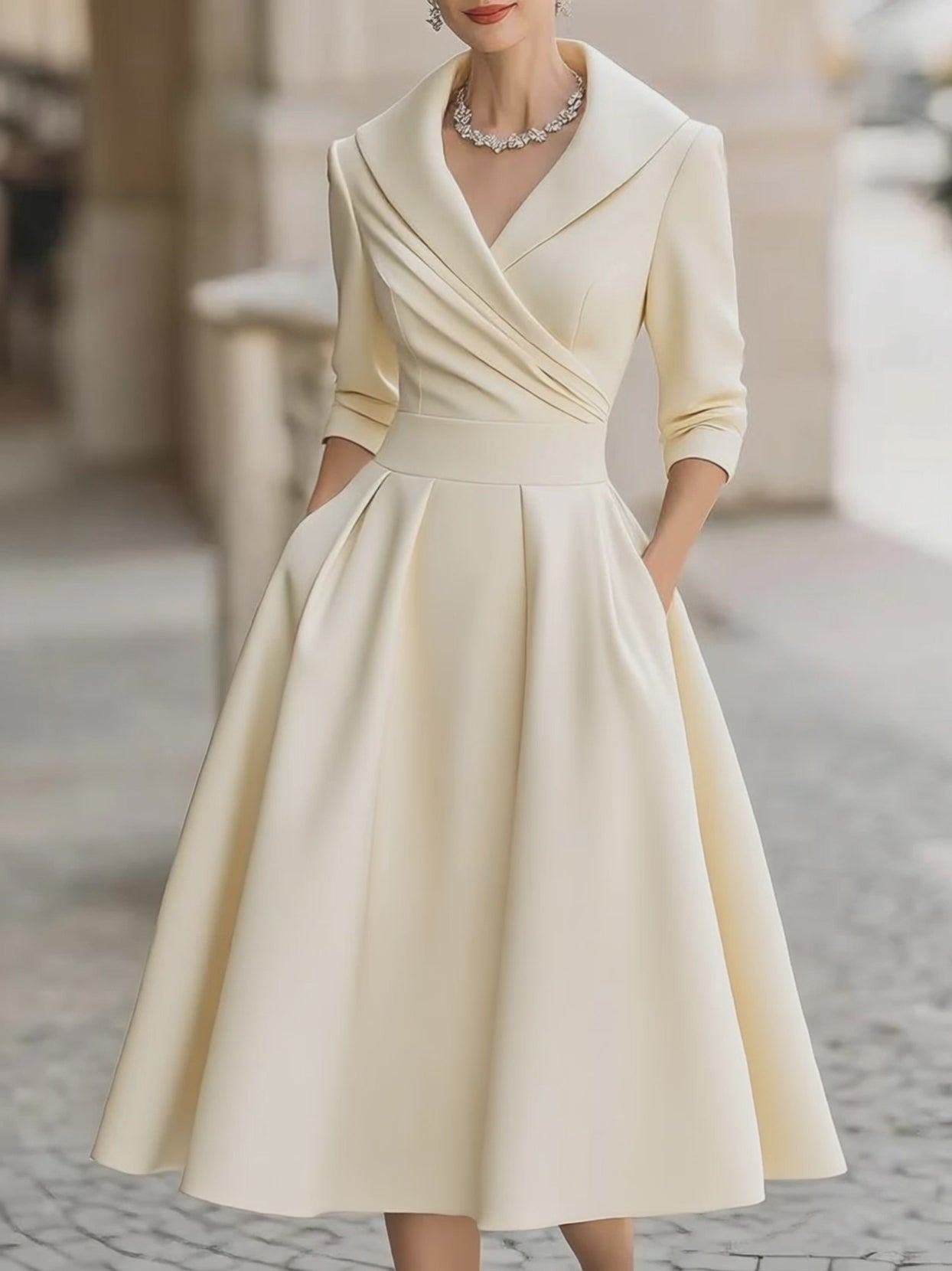 Elegante Vestido Midi de Satén para Mujeres con Cuello Chal, Manga de Codo y Falda Plisada en Estilo Coctel