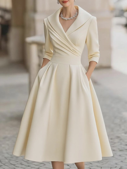 Elegante Vestido Midi de Satén para Mujeres con Cuello Chal, Manga de Codo y Falda Plisada en Estilo Coctel