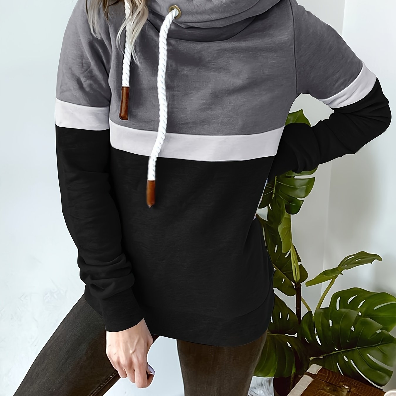 Sudadera Colorblock Cómoda para Mujeres con Cuello de Cowl, Manga Larga, Capucha, Estilo Oversized de Tejido