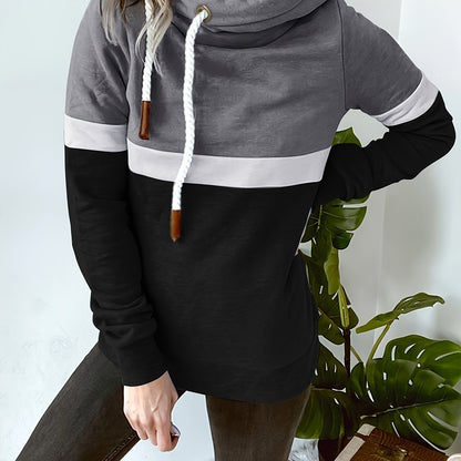 Sudadera Colorblock Cómoda para Mujeres con Cuello de Cowl, Manga Larga, Capucha, Estilo Oversized de Tejido